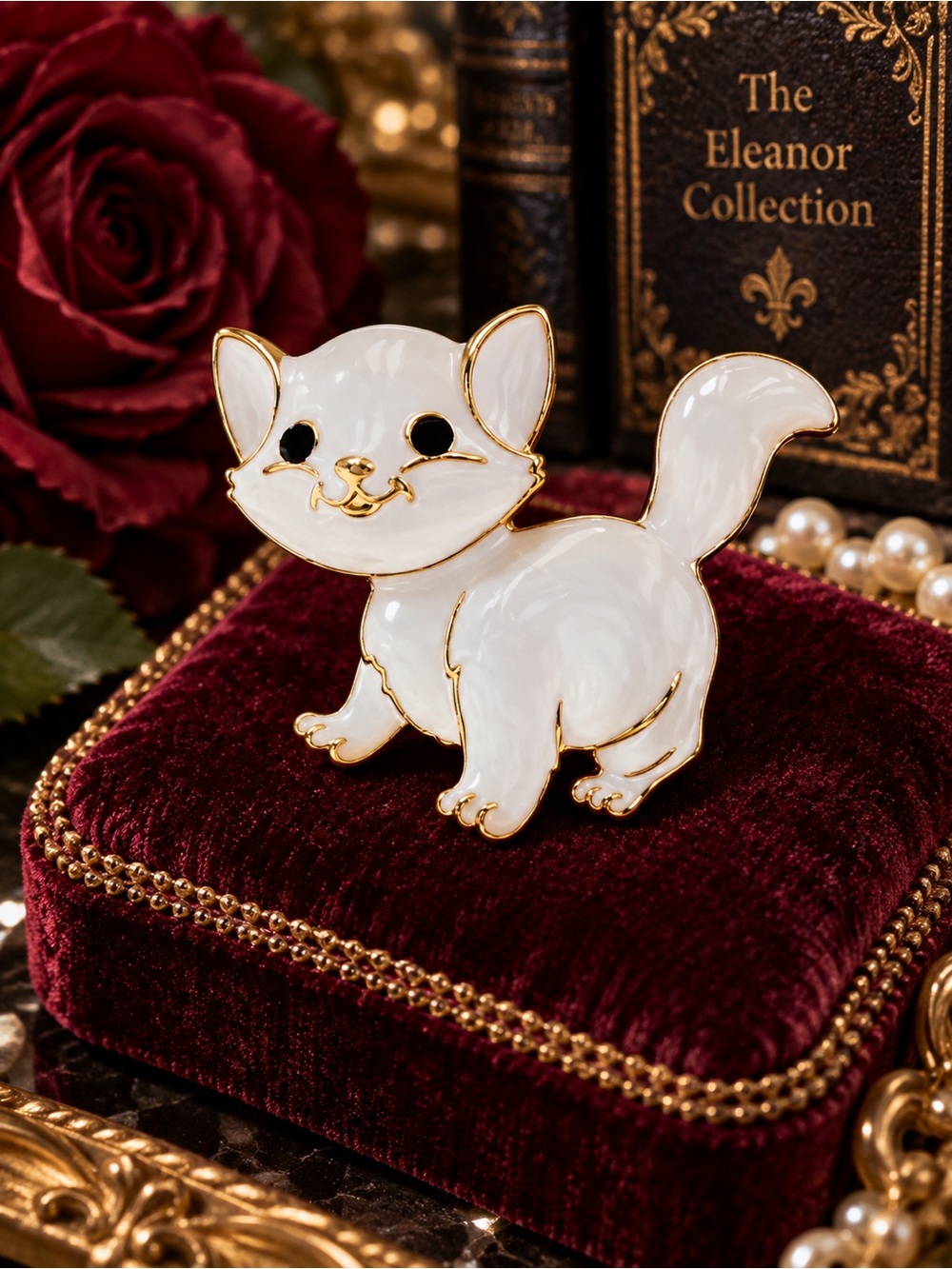 The Eleanor Collection Pearl Lacquer Cat Brooch • Gold-Tone Statement Pin